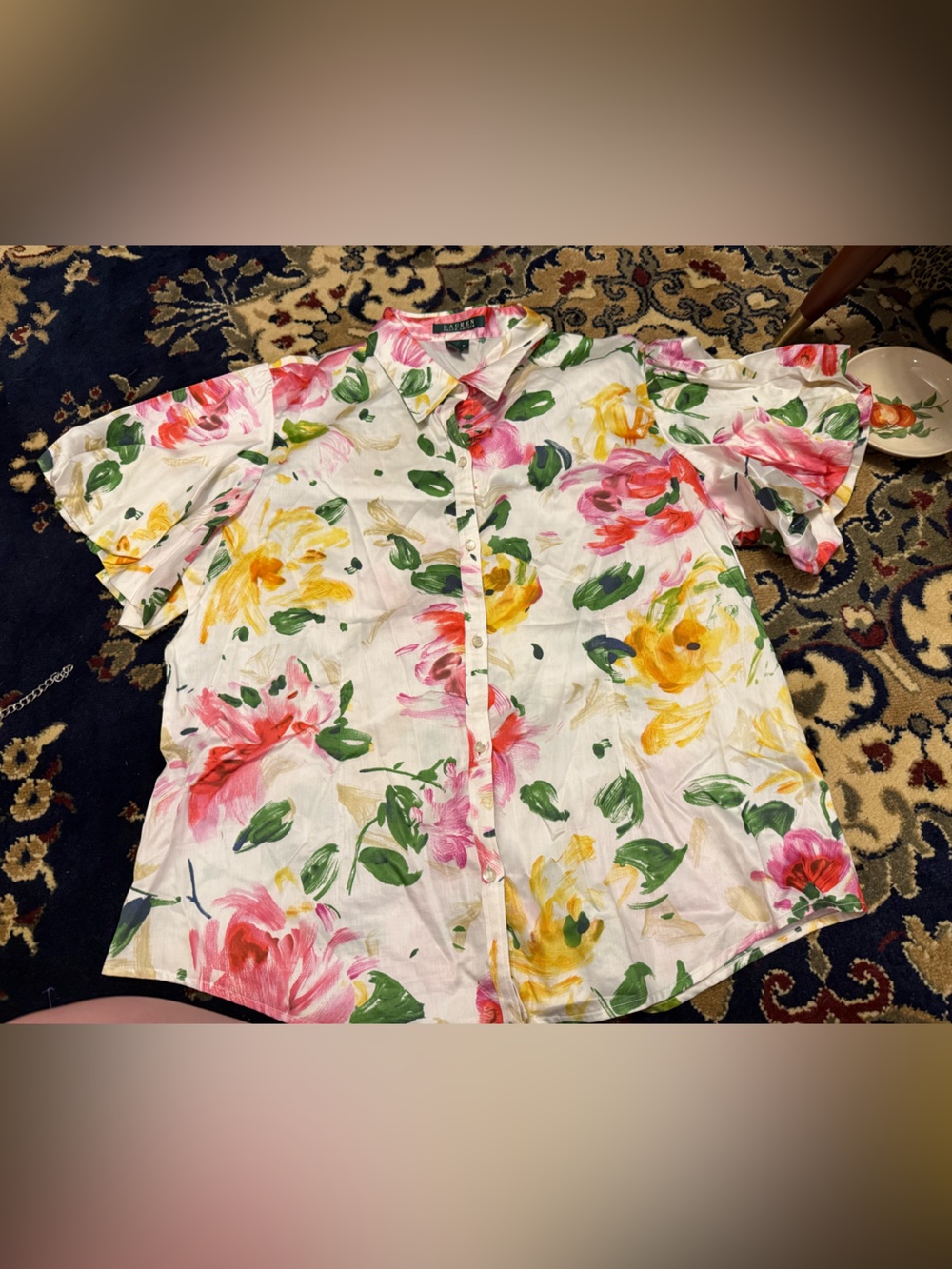 Ralph Lauren White Floral Short-Sleeve Button-Up with Pink & Yellow Flowers